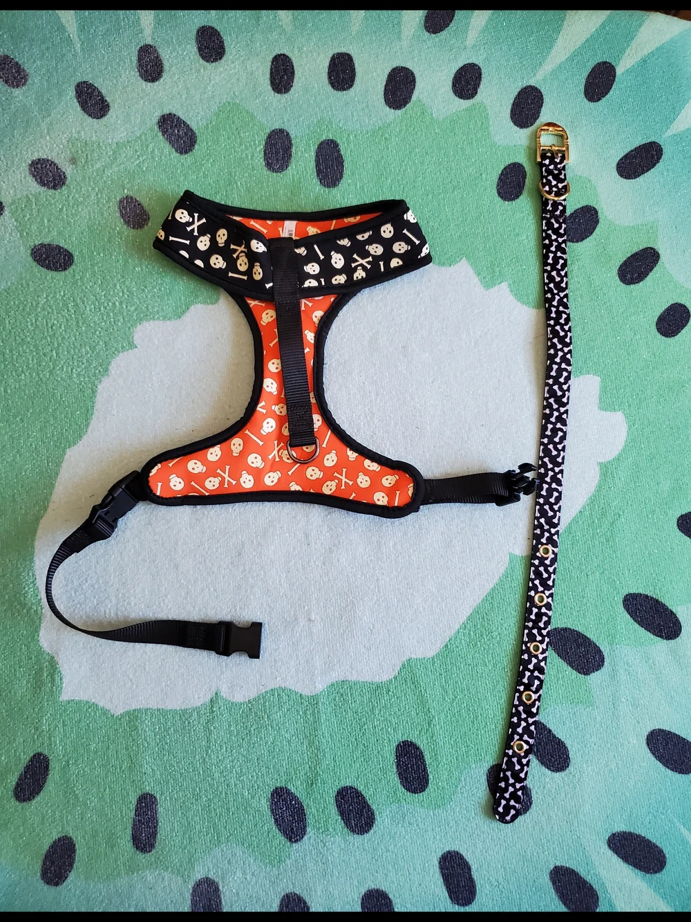 Black Skull & Crossbones Dog Harness with Matching Collar - Size Medium
